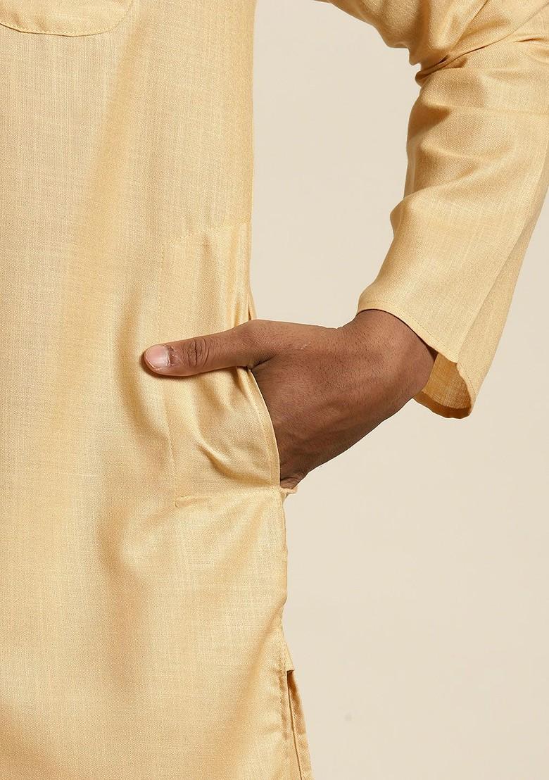 Beige Solid Poly Blend Kurta For Men