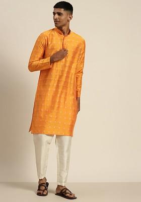Orange Ethnic Motifs Cotton Kurta For Men