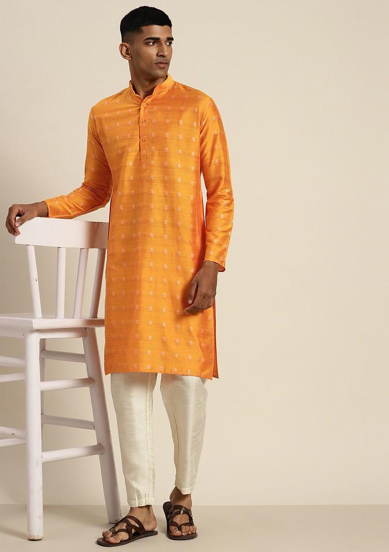 Orange Ethnic Motifs Cotton Kurta For Men