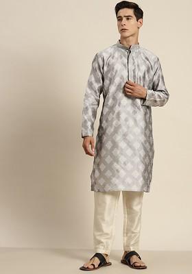 Grey Ethnic Motifs Cotton Kurta For Men