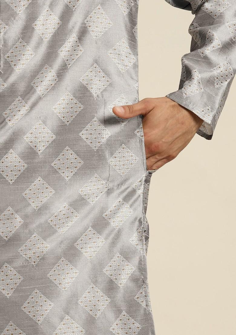 Grey Ethnic Motifs Cotton Kurta For Men