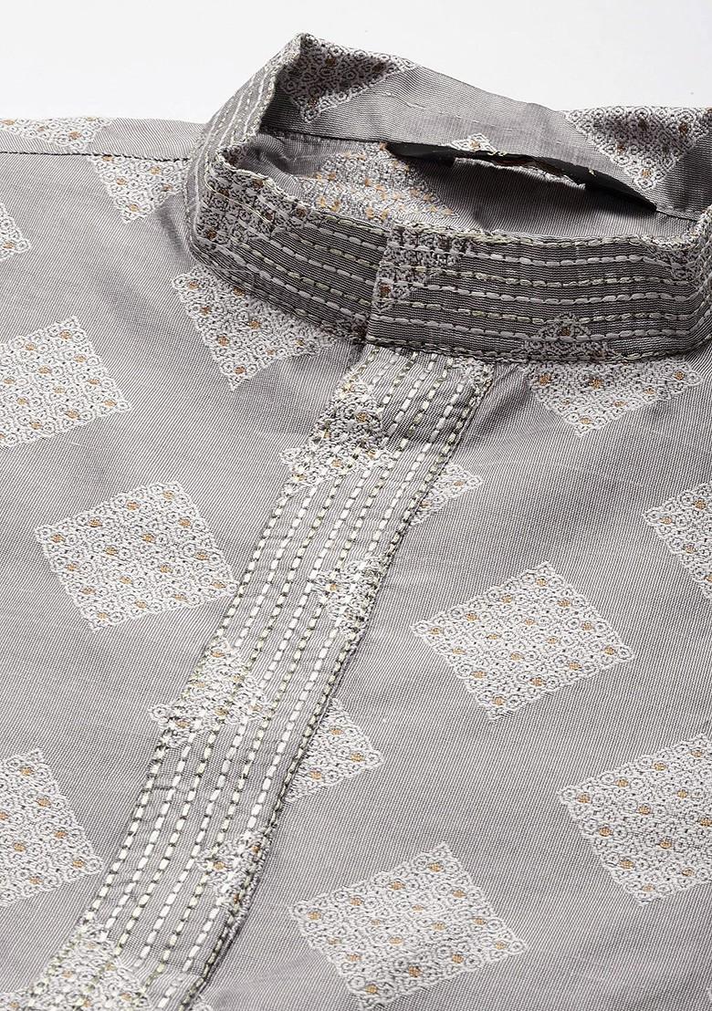 Grey Ethnic Motifs Cotton Kurta For Men