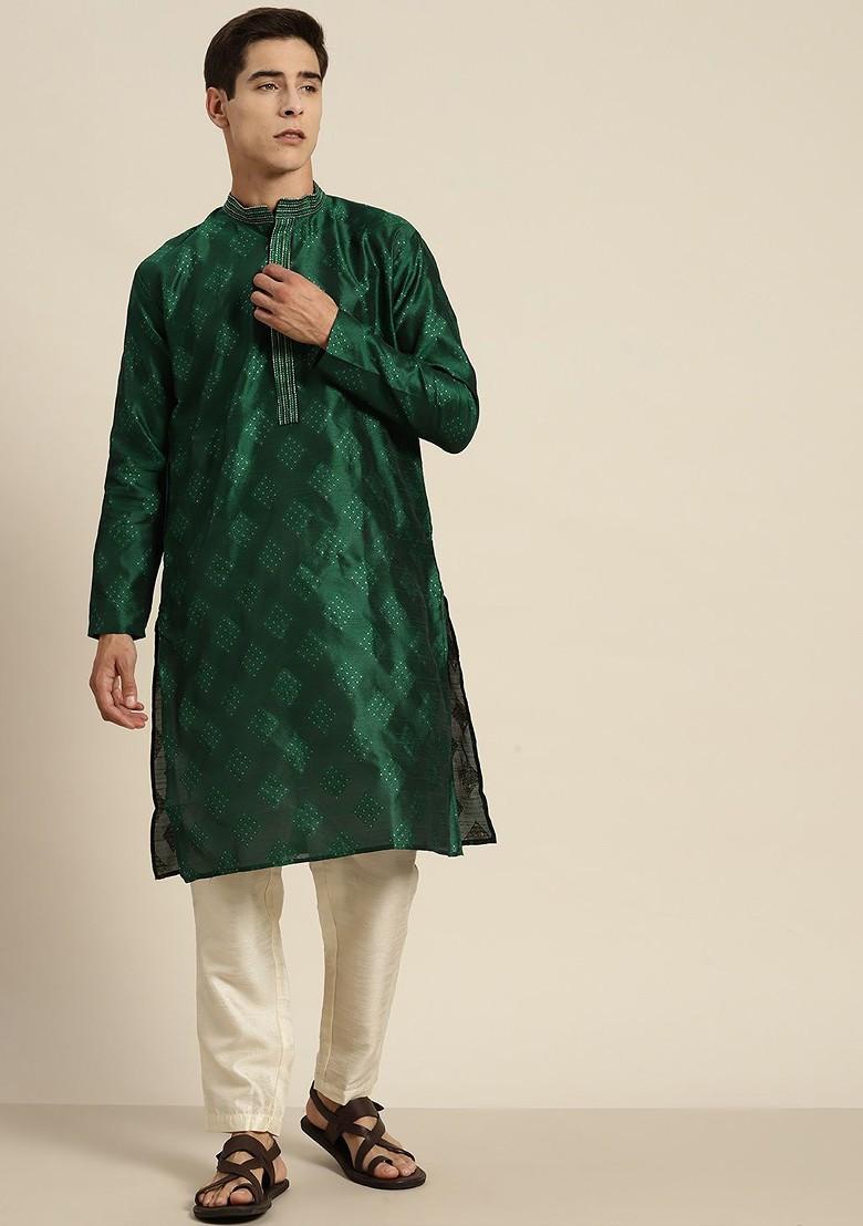 Green Ethnic Motifs Cotton Kurta For Men