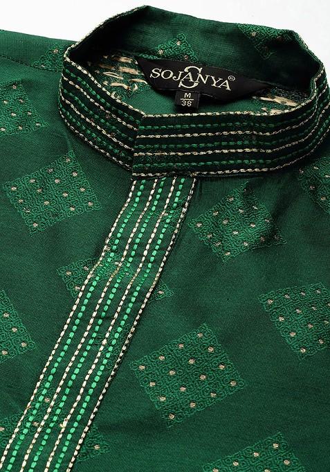 Green Ethnic Motifs Cotton Kurta For Men