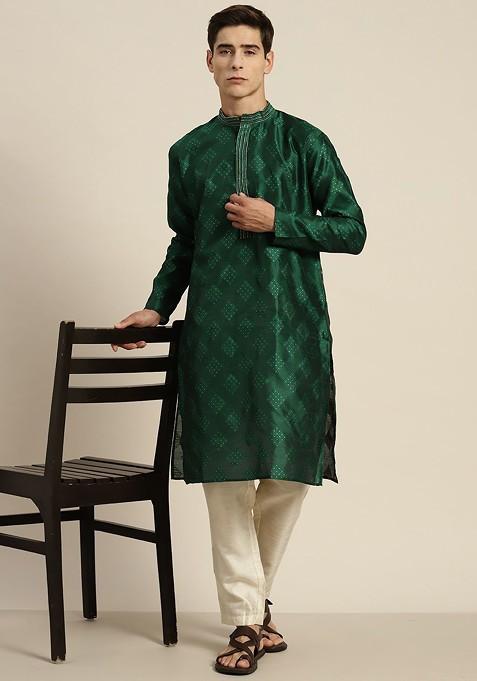 Green Ethnic Motifs Cotton Kurta For Men