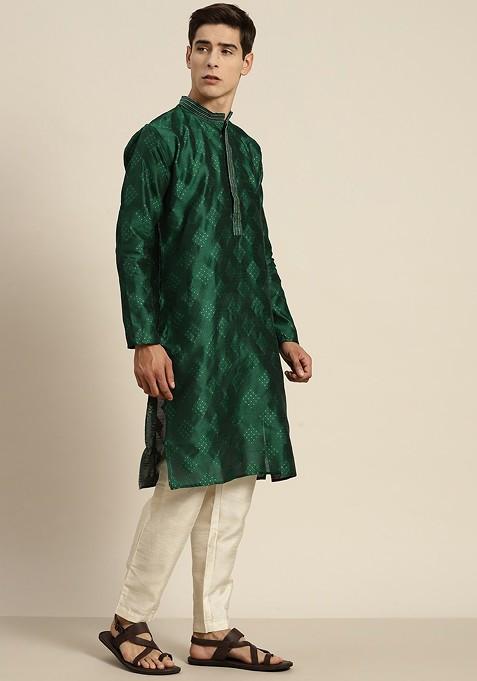 Green Ethnic Motifs Cotton Kurta For Men