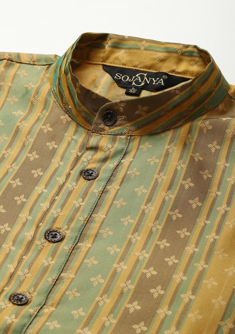 Green Ethnic Motifs Jacquard Kurta For Men
