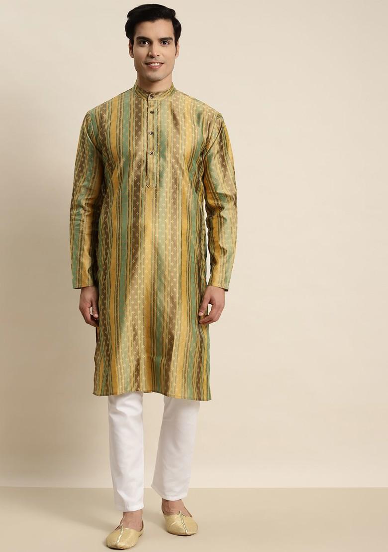 Green Ethnic Motifs Jacquard Kurta For Men