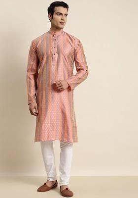 Peach Ethnic Motifs Jacquard Kurta For Men
