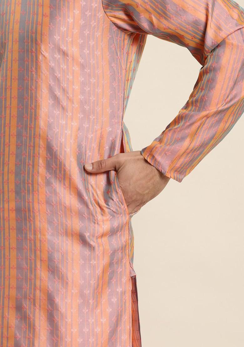 Peach Ethnic Motifs Jacquard Kurta For Men