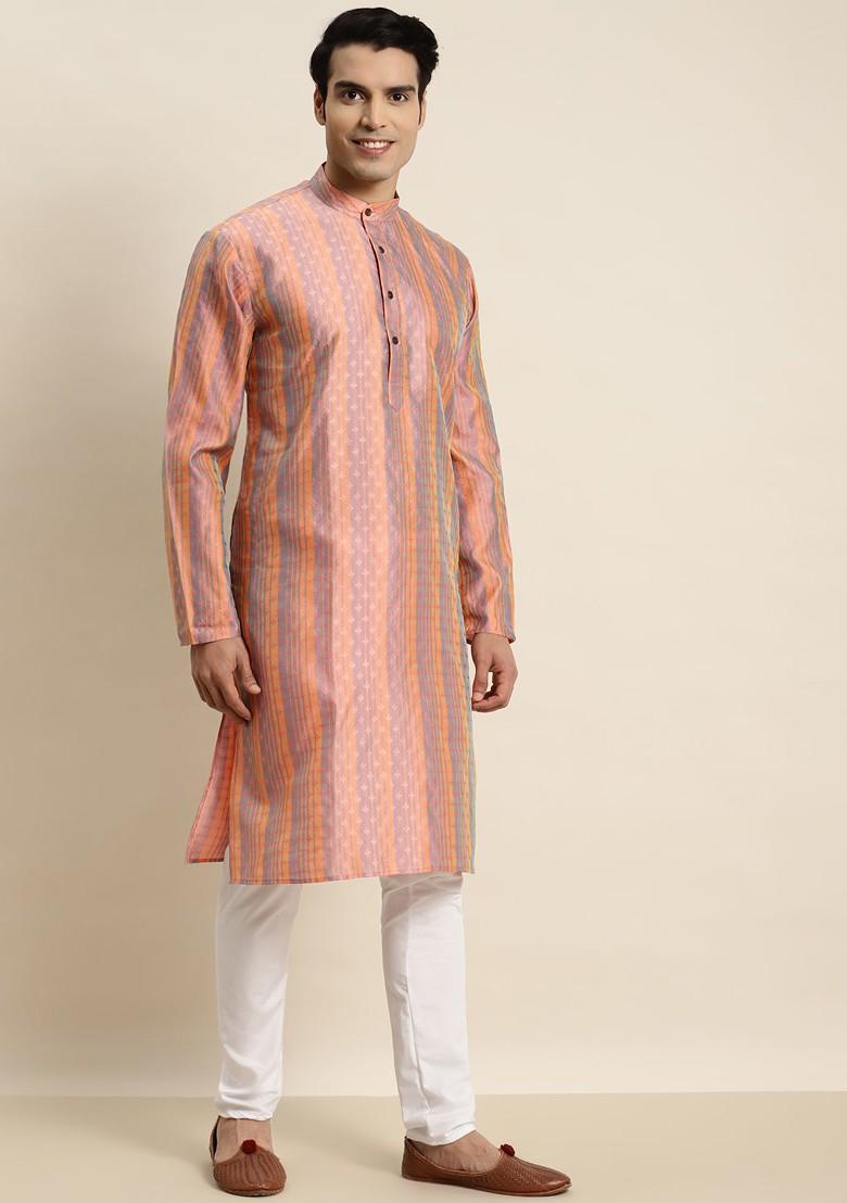 Peach Ethnic Motifs Jacquard Kurta For Men