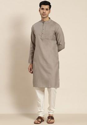 Grey Solid Poly Blend Kurta For Men