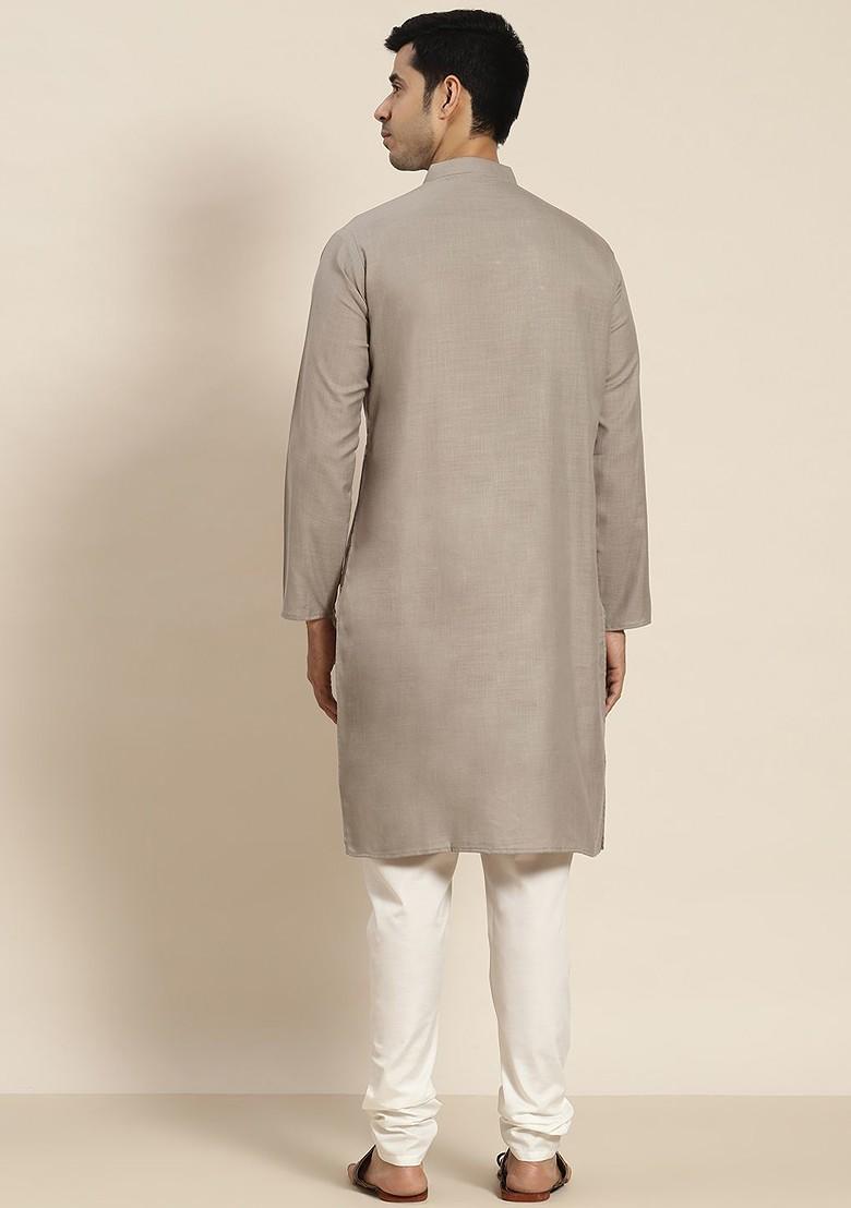 Grey Solid Poly Blend Kurta For Men