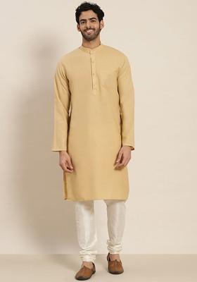 Beige Solid Poly Blend Kurta For Men