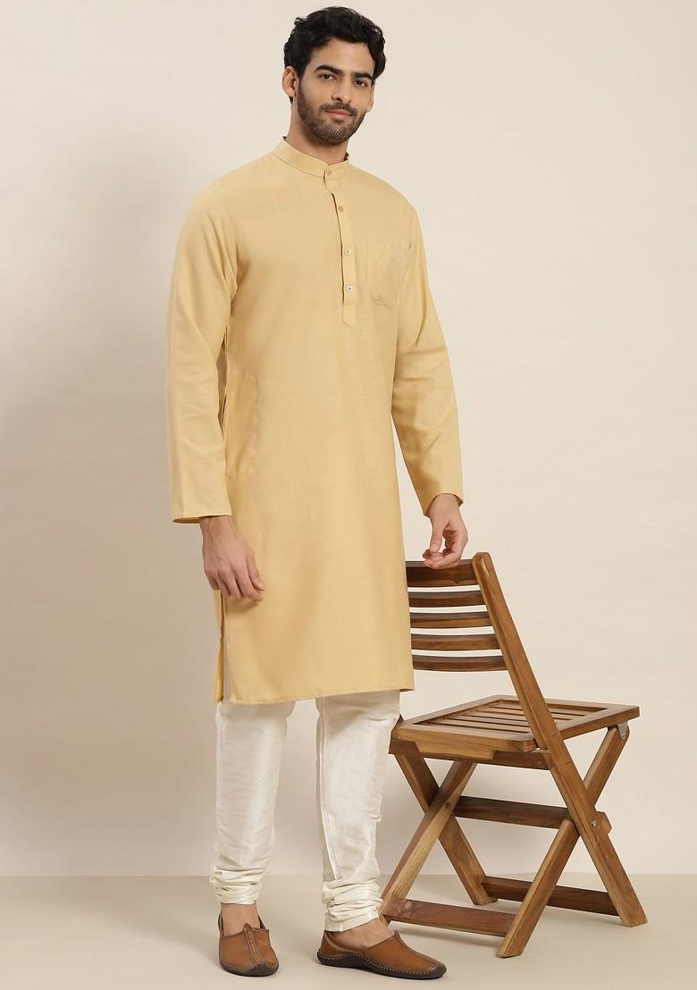 Beige Solid Poly Blend Kurta For Men