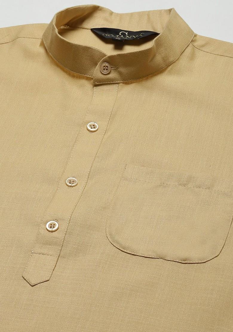 Beige Solid Poly Blend Kurta For Men