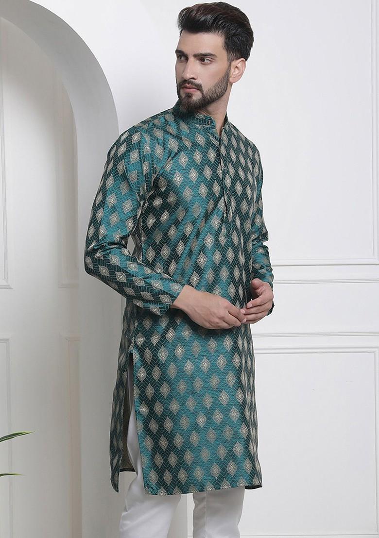 Teal Blue Solid Jacquard Kurta For Men