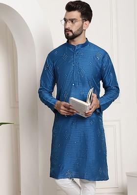 Blue Mirror Work Poly Blend Kurta For Men
