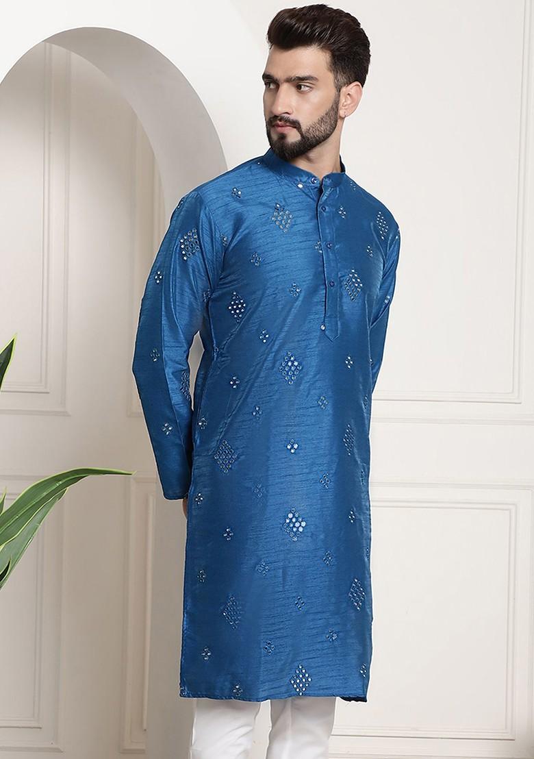 Blue Mirror Work Poly Blend Kurta For Men