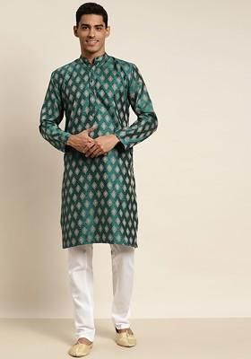 Green Ethnic Motifs Jacquard Kurta For Men