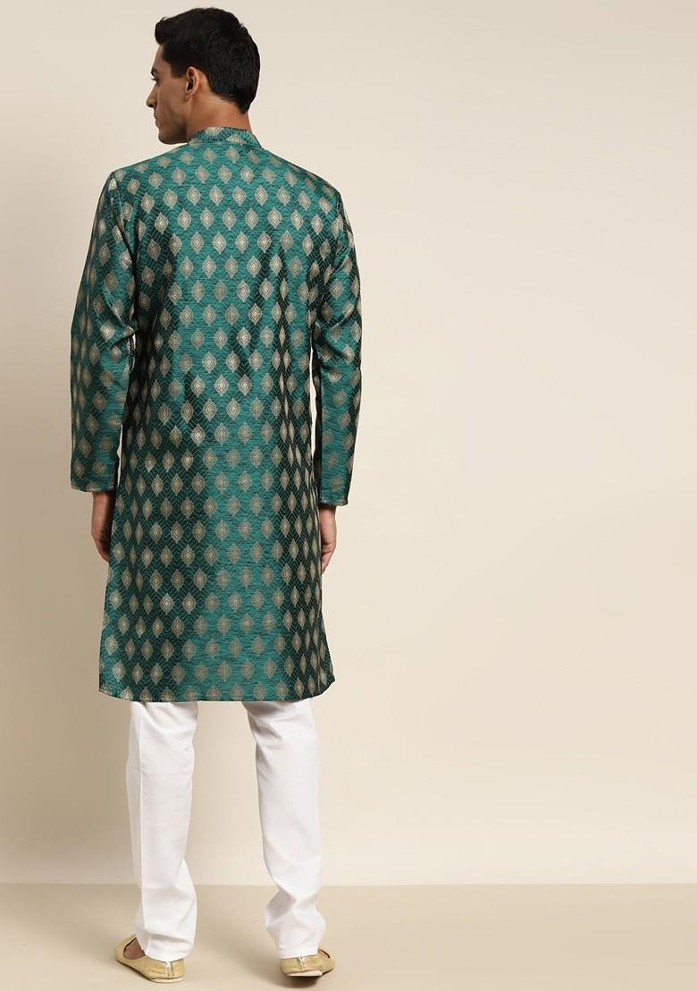 Green Ethnic Motifs Jacquard Kurta For Men