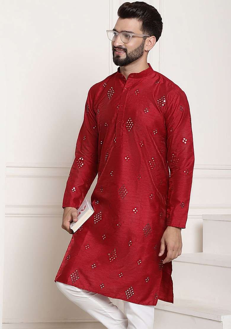 Red Mirror Work Poly Blend Kurta For Men - Indya