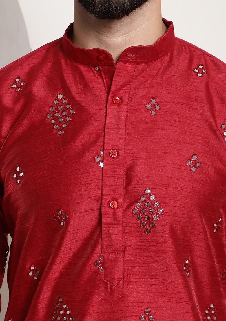 Red Mirror Work Poly Blend Kurta For Men
