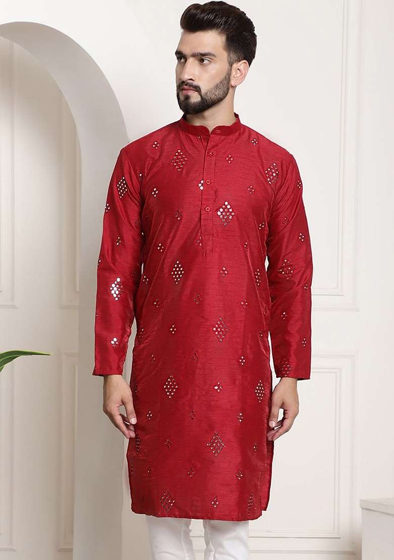 Red Mirror Work Poly Blend Kurta For Men - Indya