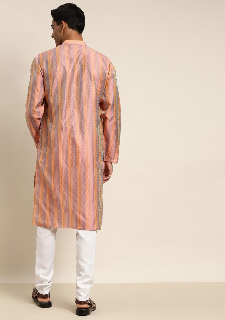 Peach Ethnic Motifs Poly Blend Kurta For Men