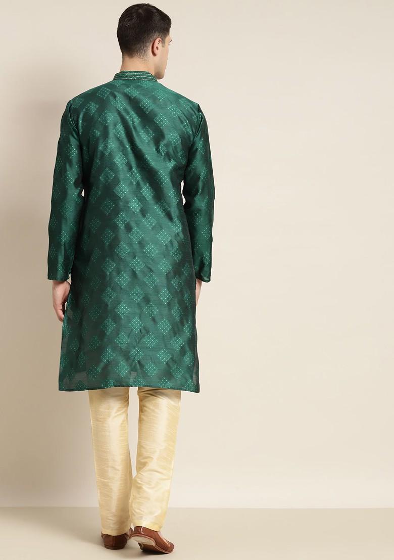 Green Embroidered Silk Kurta For Men