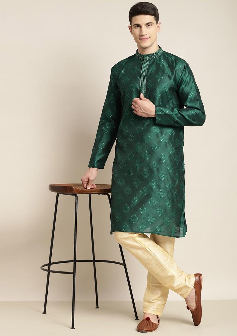 Green Embroidered Silk Kurta For Men