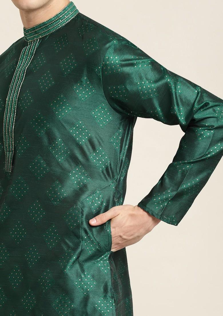 Green Embroidered Silk Kurta For Men