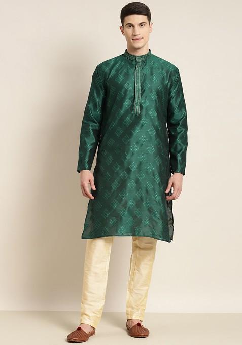 Green Embroidered Silk Kurta For Men