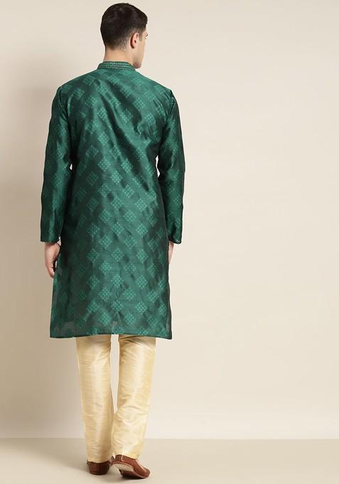 Green Embroidered Silk Kurta For Men