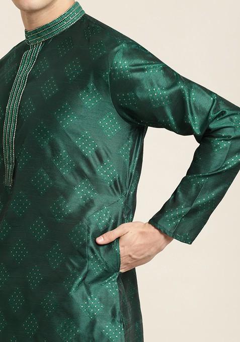 Green Embroidered Silk Kurta For Men