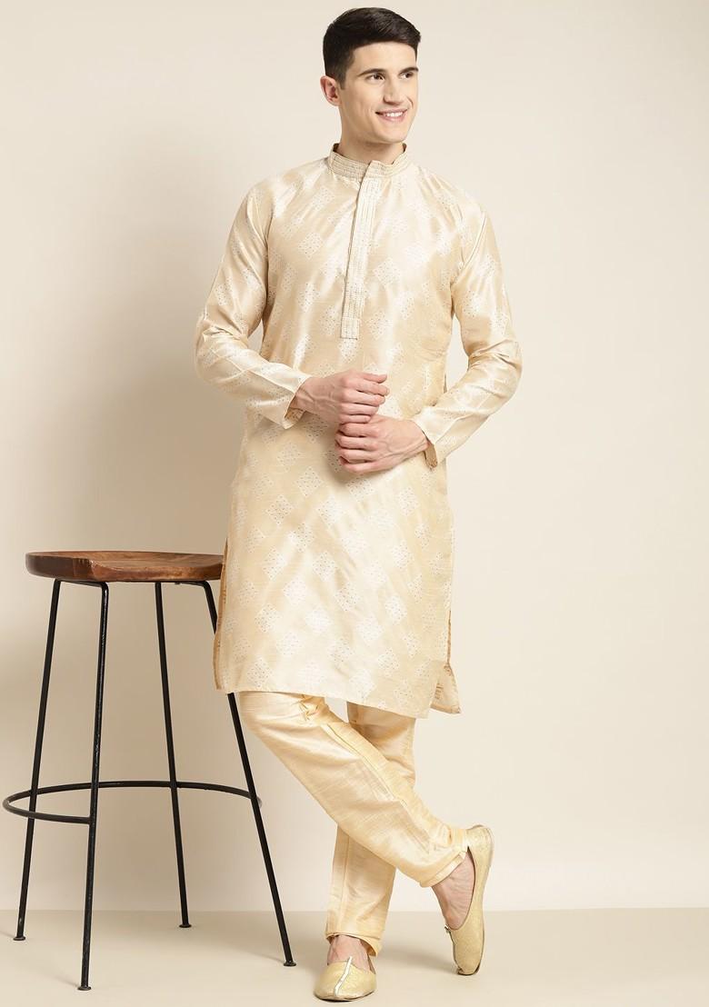 Cream Ethnic Motifs Poly Blend Kurta For Men