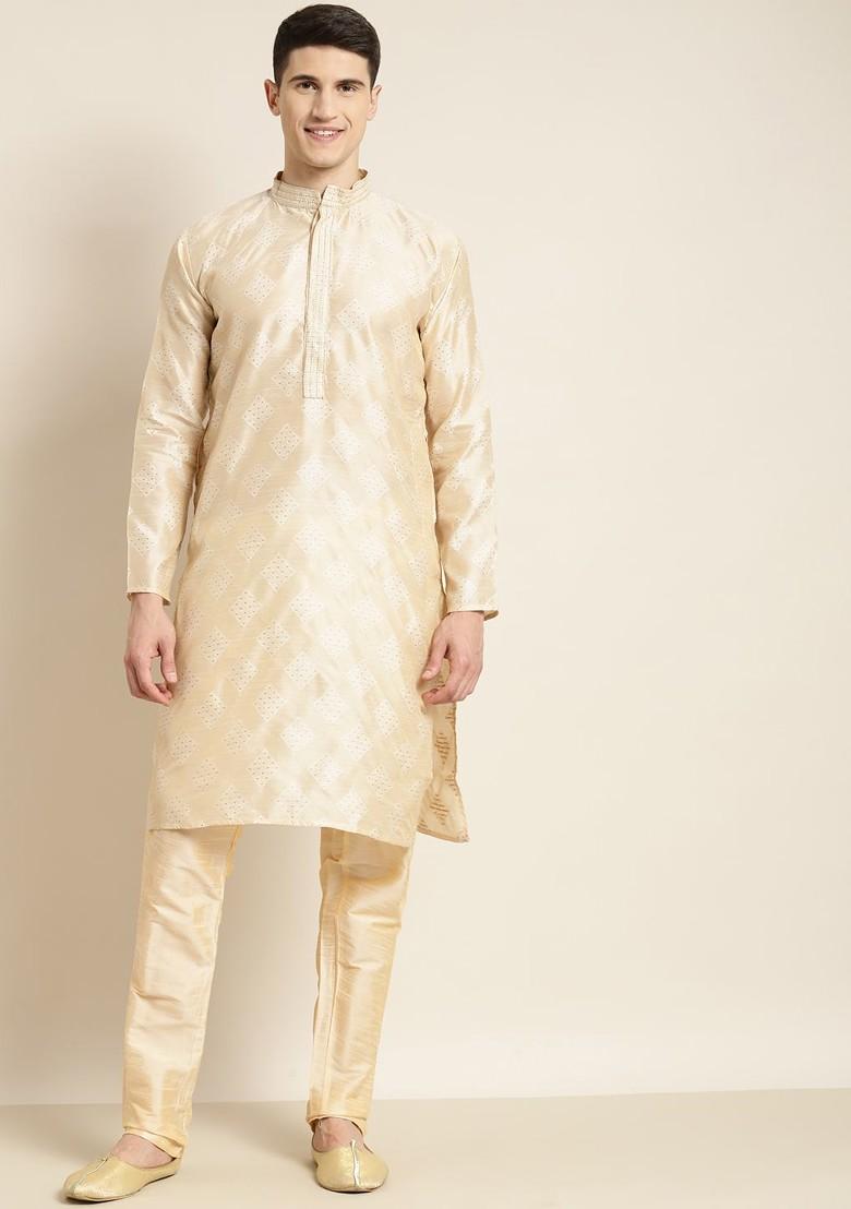 Cream Ethnic Motifs Poly Blend Kurta For Men