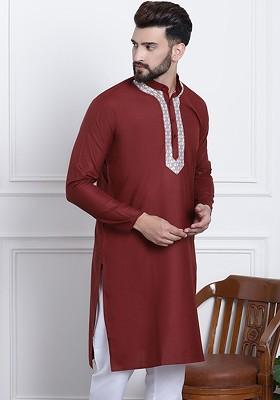 Maroon Gotta Patti Poly Blend Kurta For Men