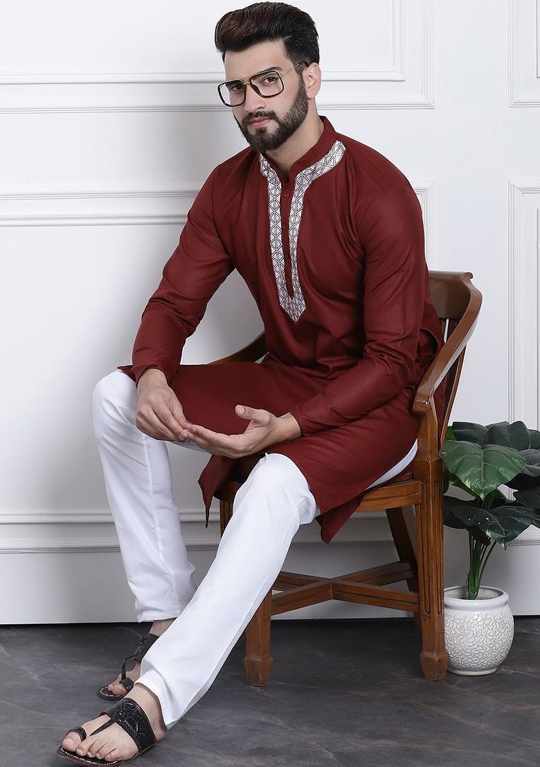 Maroon Gotta Patti Poly Blend Kurta For Men