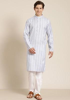 Blue Striped Cotton Kurta For Men