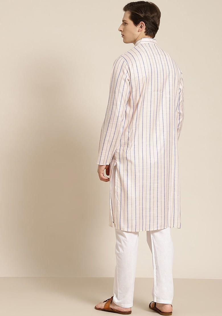 Peach Striped Cotton Kurta For Men
