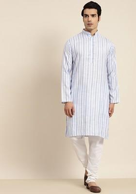 Blue Striped Poly Blend Kurta For Men