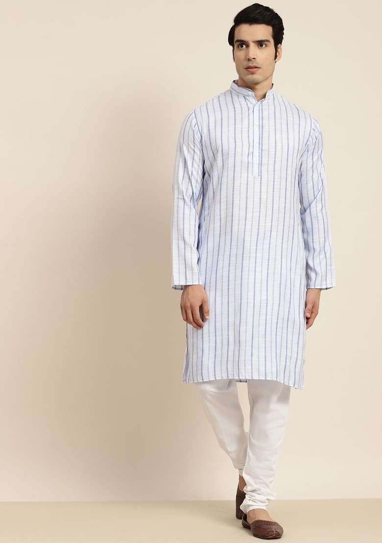 Blue Striped Poly Blend Kurta For Men - Indya