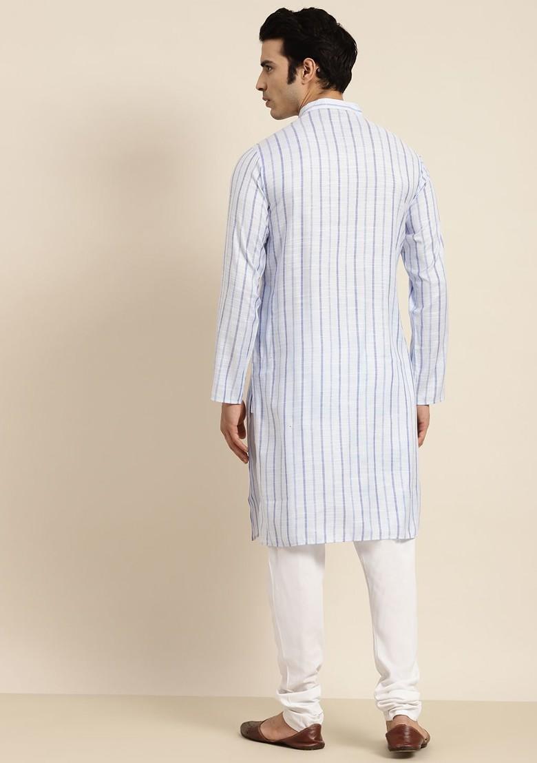 Blue Striped Poly Blend Kurta For Men