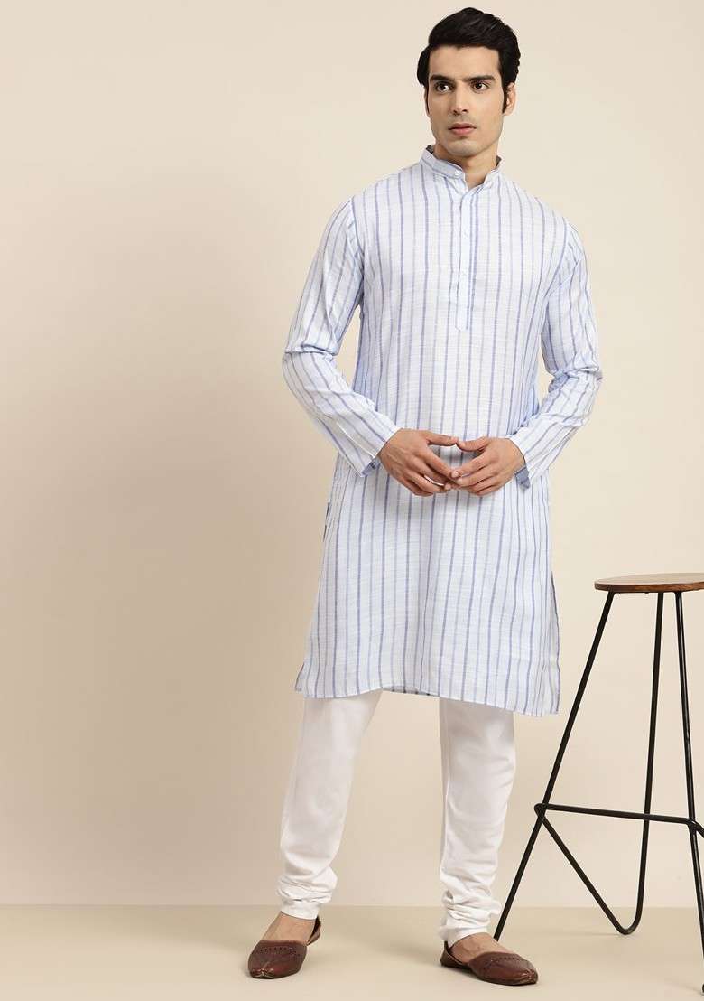 Blue Striped Poly Blend Kurta For Men - Indya