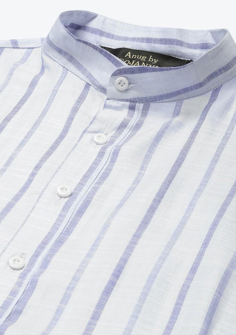 Blue Striped Poly Blend Kurta For Men