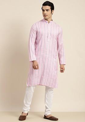 Pink Striped Poly Blend Kurta For Men