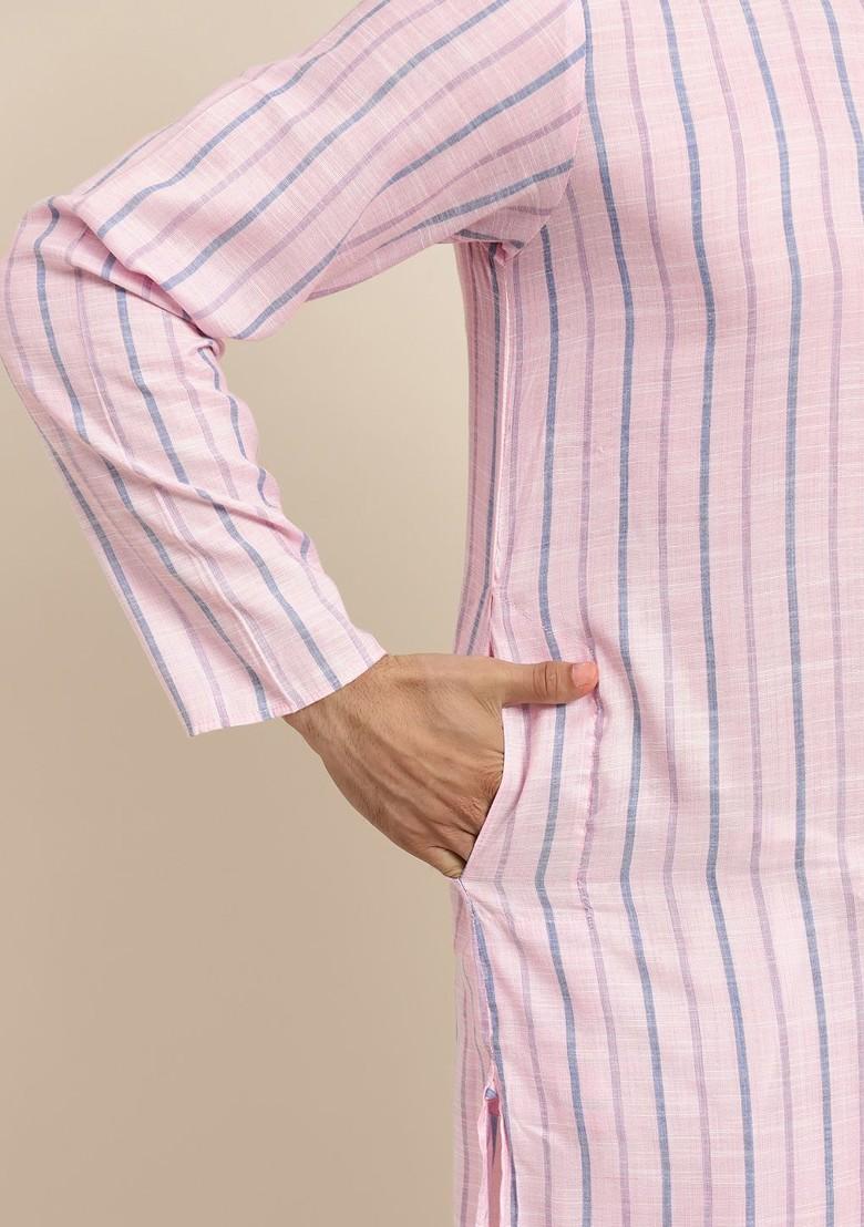 Pink Striped Poly Blend Kurta For Men