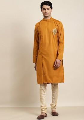 Mustard Thread Work Cotton Kurta For Men