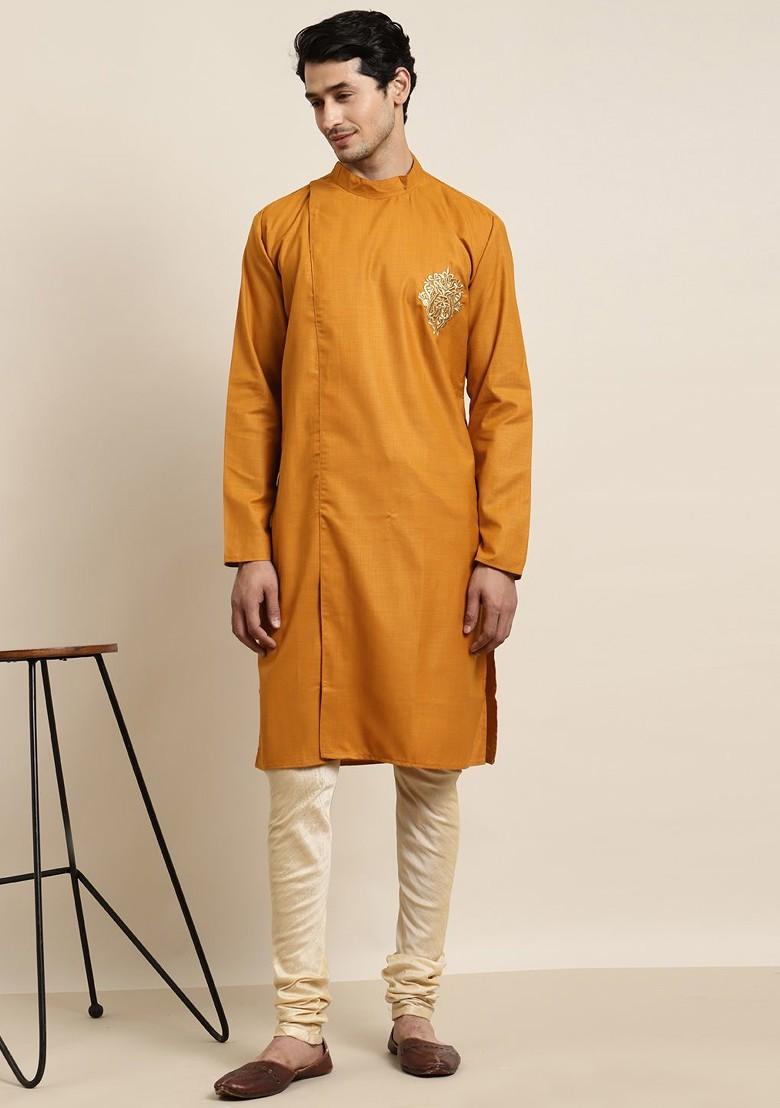 Mustard Thread Work Cotton Kurta For Men
